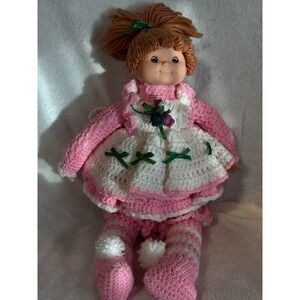 Vintage 20" Homemade Cloth Doll HORSMAN Face Pink White Crochet Outfit Yarn Hair